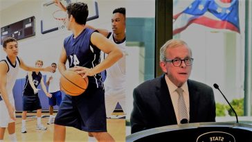 ohio governor mike dewine podium state flag transgender student playing boys high school basketball