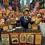 DALL·E 2024 04 10 18.27.29 A humorous and exaggerated scene inspired by a television comedy sketch depicting a fictional attempt by a former U.S. President to sell Bibles. The