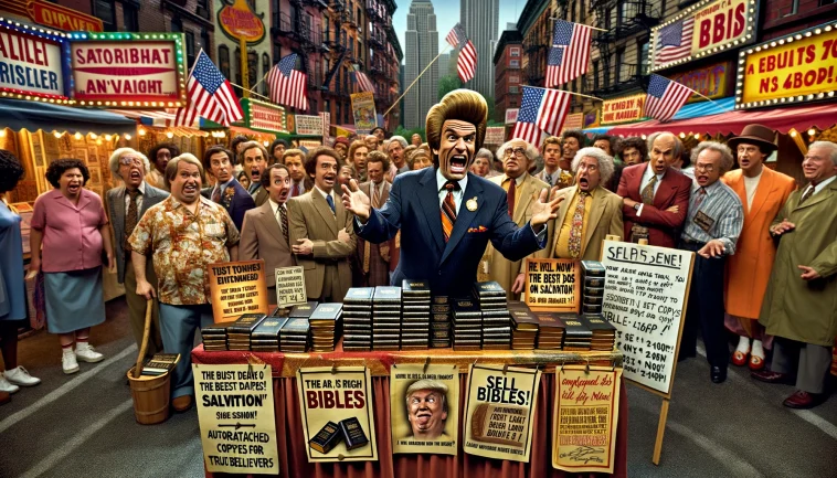 DALL·E 2024 04 10 18.27.29 A humorous and exaggerated scene inspired by a television comedy sketch depicting a fictional attempt by a former U.S. President to sell Bibles. The