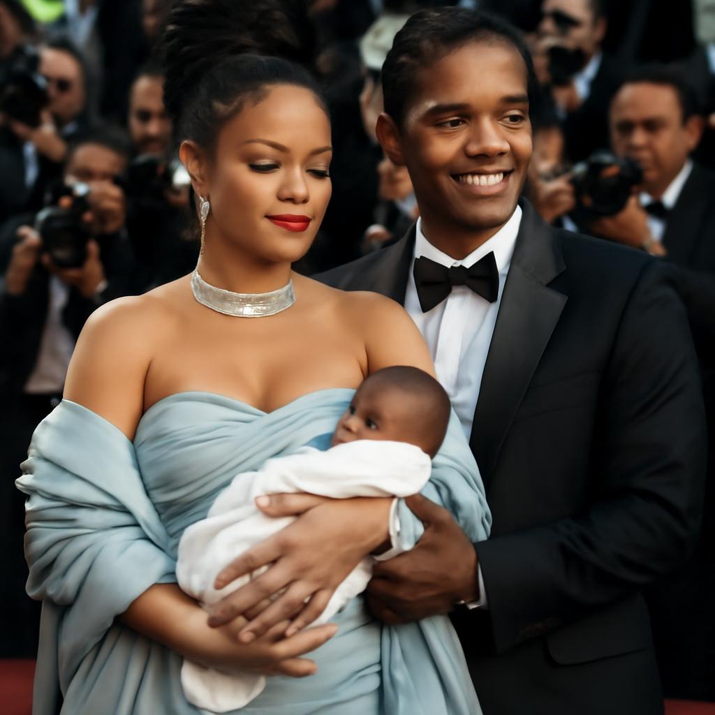 Grávida, Rihanna brilha no tapete vermelho de Cannes com apoio do parceiro ASAP Rocky sob chuva, em cena que lembra Harry e Meghan