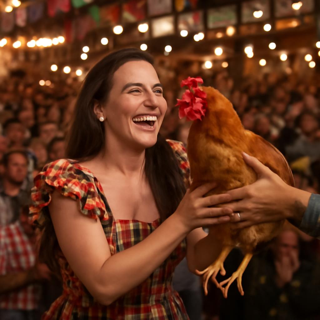 Cantora abraça presente inusitado no palco e mostra cuidado com a galinha Jurema após show na Paraíba