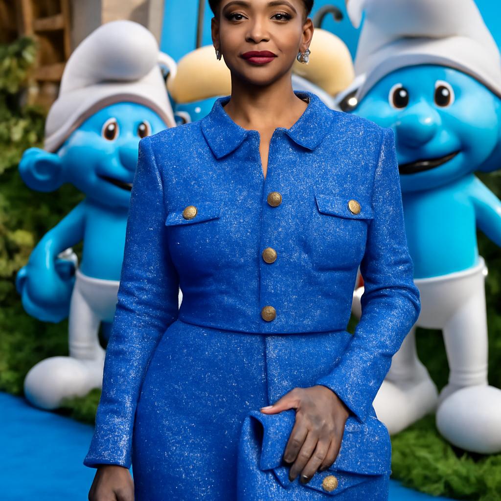 Cantora e ícone de estilo aposta em alta-costura para evento especial, celebrando a voz de Smurfette no filme