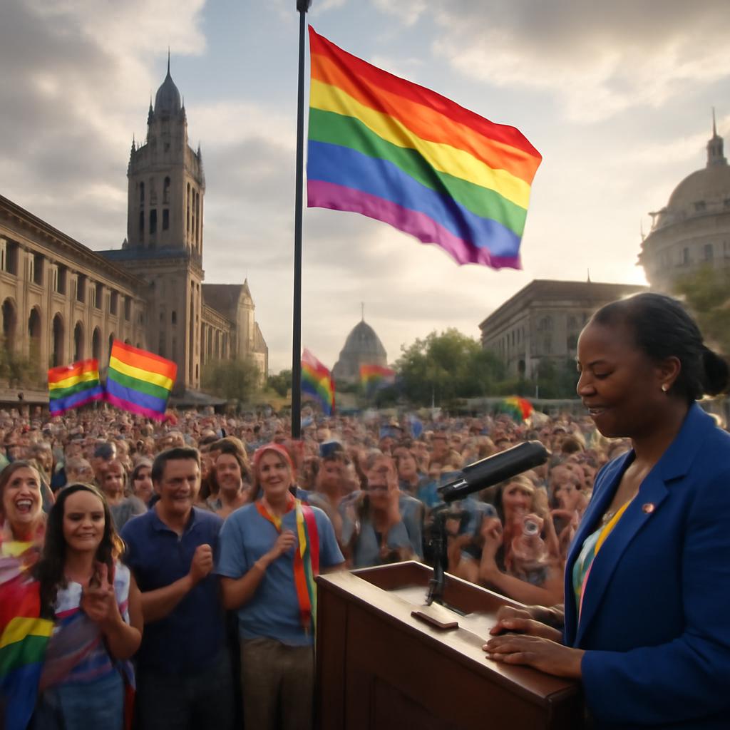 Bandeira do orgulho LGBTQIA+ é hasteada para marcar a abertura oficial da semana de orgulho em Rochester, EUA