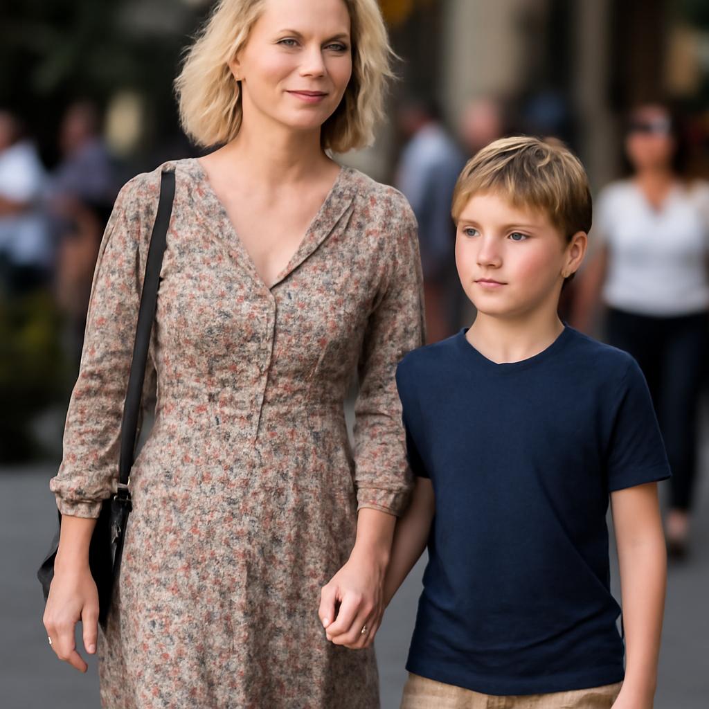 Atriz de Mad Men mostra o estilo e a cumplicidade com o filho em evento em Laguna Beach, EUA