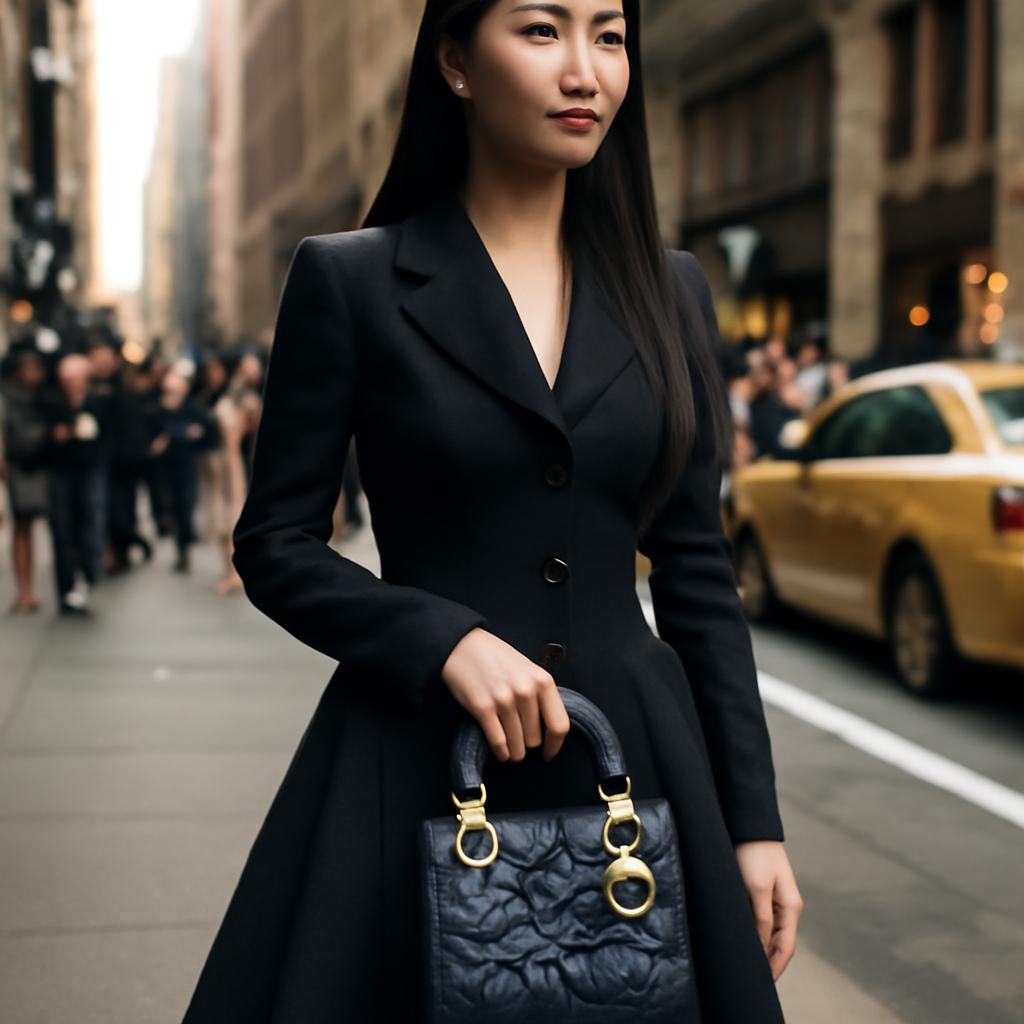 Atriz brilha com a icônica bolsa Lady Dior em evento de moda em Nova York, inspirando tendência minimalista e sofisticada