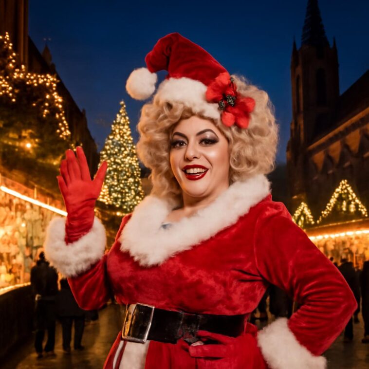A icônica drag Schwarzwald anima as ruas com humor e charme na tour natalina em Freiburg, Alemanha