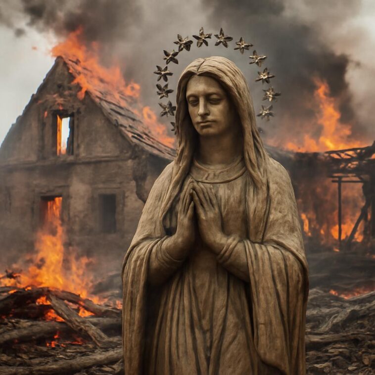 Escultura de pedra resiste ao fogo enquanto patrimônio arquitetônico desaparece no centro da cidade