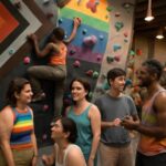 Evento mensal acolhedor para pessoas LGBTQIA+ inicia novatas e veteranas na escalada indoor em Queens, Nova York
