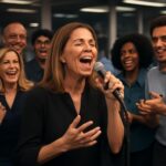 Jornalista se diverte cantando sucesso de Latino em confraternização animada e cheia de energia