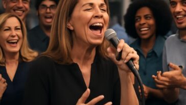Jornalista se diverte cantando sucesso de Latino em confraternização animada e cheia de energia