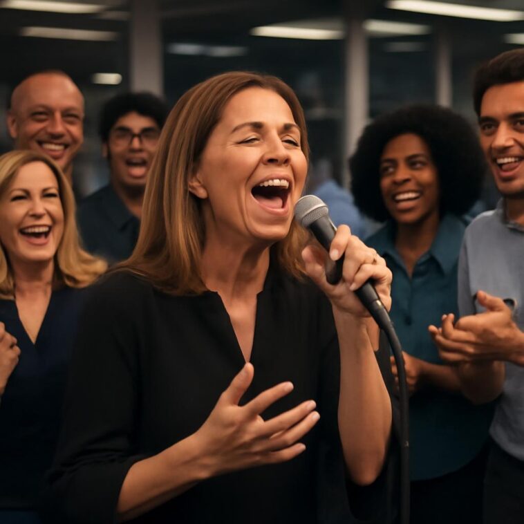 Jornalista se diverte cantando sucesso de Latino em confraternização animada e cheia de energia