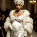 A diva reaparece com estilo marcante e referência à sua moda gestante no front row de Paris