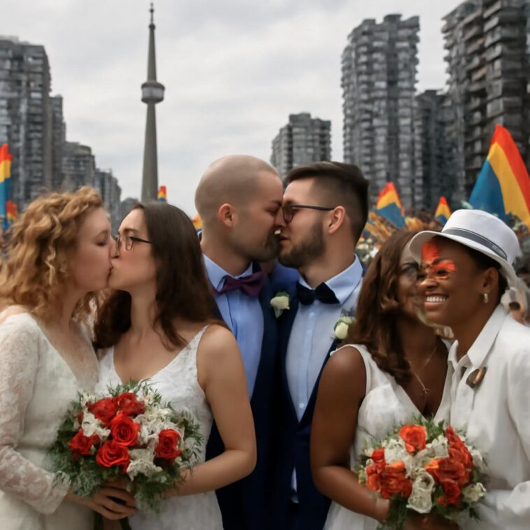 Três casais queer unem suas vidas em cerimônia acessível e cheia de alegria na cidade canadense