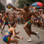 Foliões fantasiados e com salto alto transformam o 'Bloco da MAMA' em festa esportiva e inclusiva