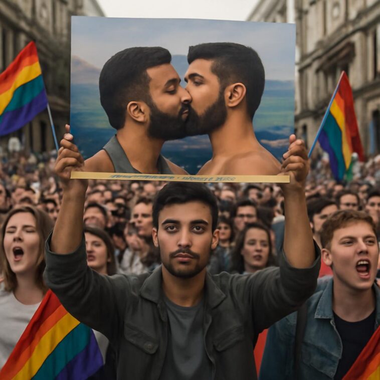 Manifestante woke chama atenção ao defender direitos LGBTQIA+ em meio a tensão geopolítica