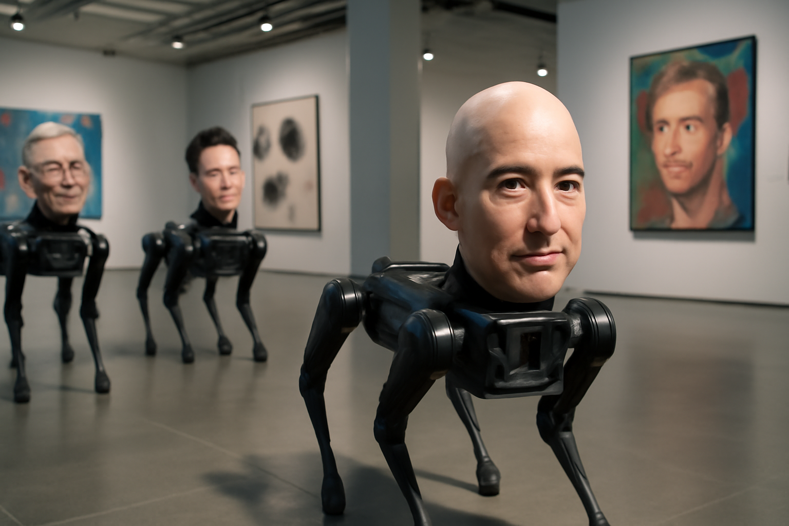 Instalação em Berlim transforma chefões da tecnologia em cachorros-robôs e reacende debate sobre algoritmos e poder. Entenda.