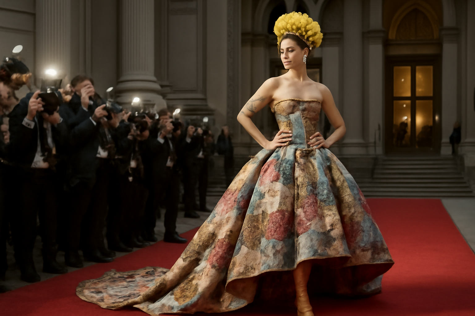 Cantora apareceu com look criado a partir de material vintage do eBay e reforçou o tema “Fashion Is Art”. Entenda por que viralizou.