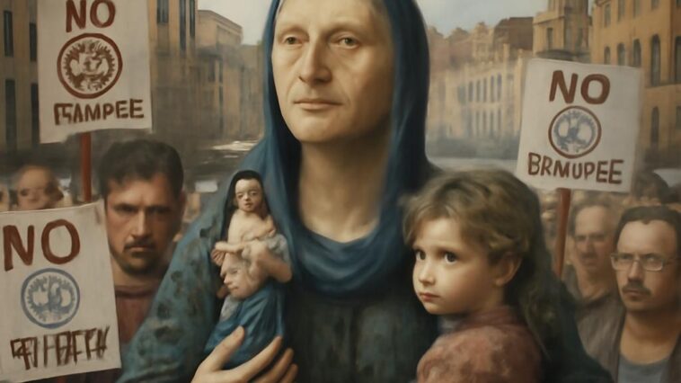 Em Veneza, uma placa irônica pede que a ‘Madonna dos Residentes’ interceda pela comunidade local sob pressão turística