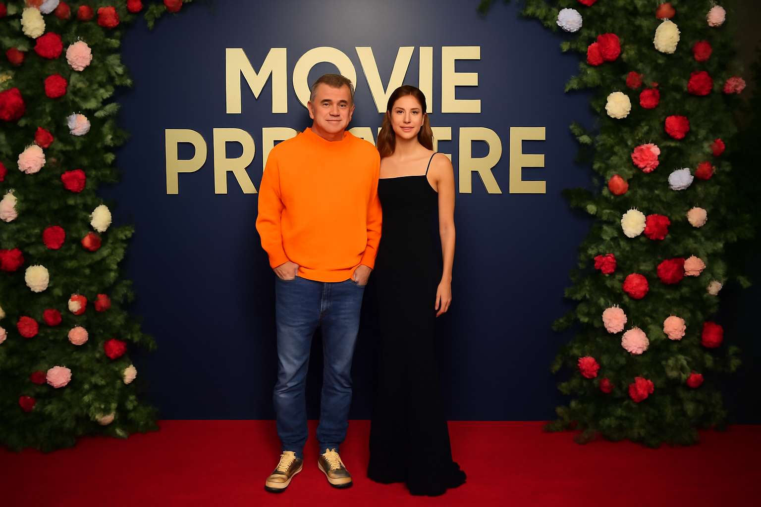 Ator foi à estreia do filme da esposa com moletom laranja e tênis coloridos; veja por que o visual repercutiu tanto.