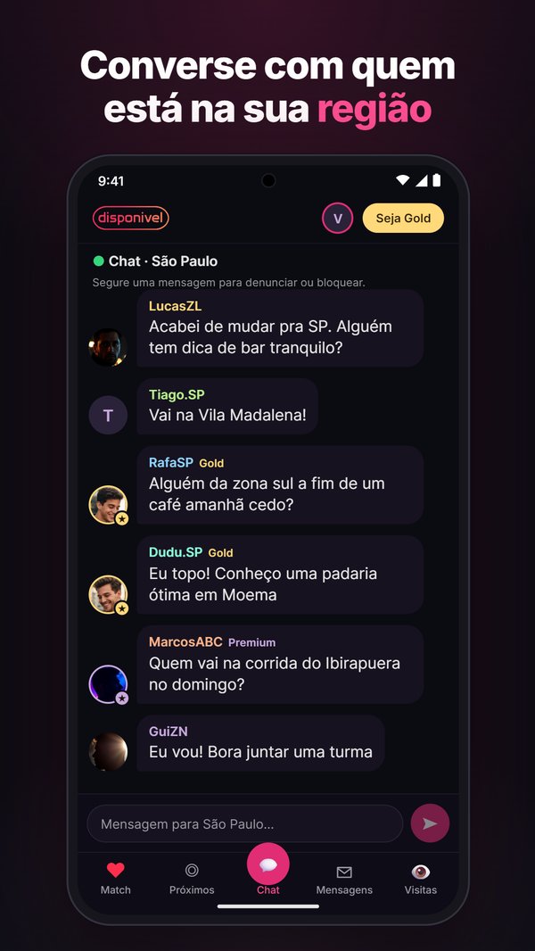 Tela do app Disponivel com a sala de chat da região